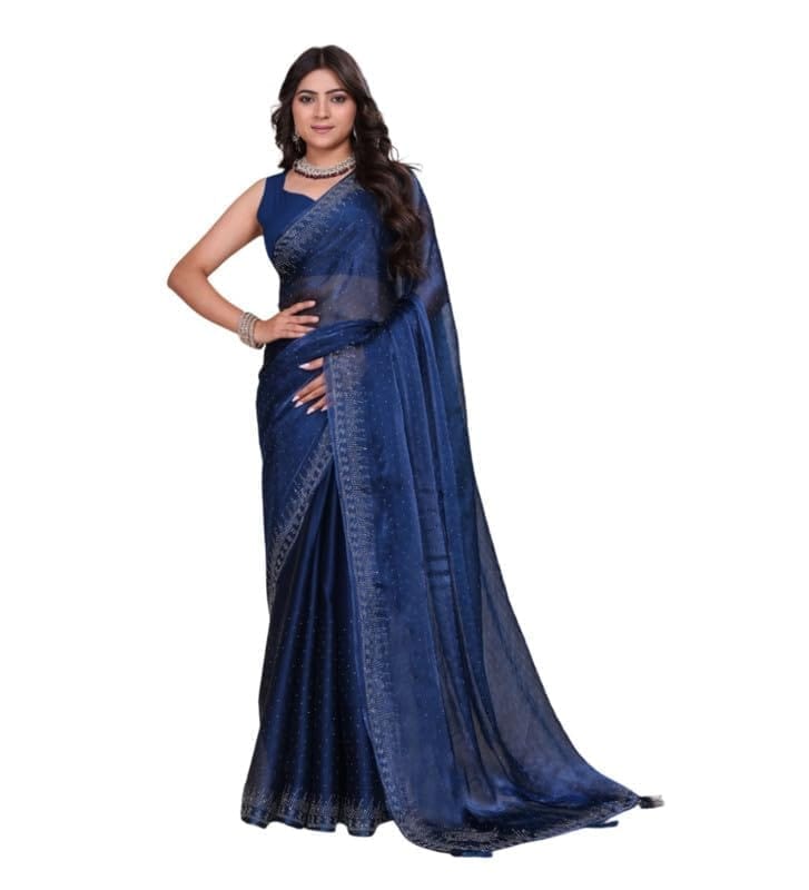 Women's Poly Silk Embellished Bollywood Saree With Unstitched Blouse 5.5Mtr (Blue)-PID62036