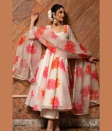 Fashionfricks Women Georgette Flared Stitched Ethnic Gown ( White )