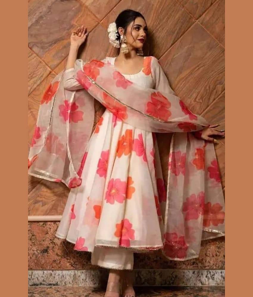 Fashionfricks Women Georgette Flared Stitched Ethnic Gown ( White )
