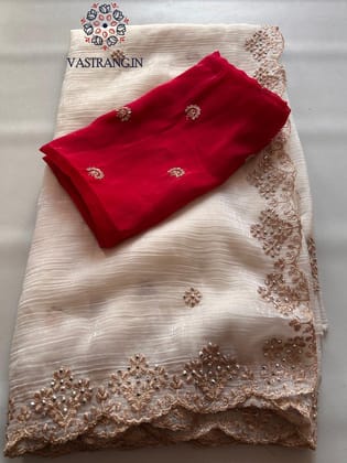 New Partywear Off White Color Chiffon Crush Silk Beautiful Cut Work Fancy Designer Saree
