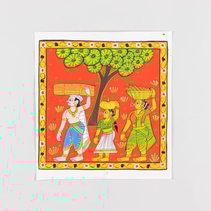 Cheriyal Painting Family Carying Vegetables 11.5x11.5-Red / Canvas / 11.5 x 11.5