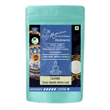CALMING Silver Needle White Leaf - A Calming Luxury Tea for Serenity (50 gm - Makes 25 Cups of Tea) by M/S RADHIKAS FINE TEAS AND WHATNOTS