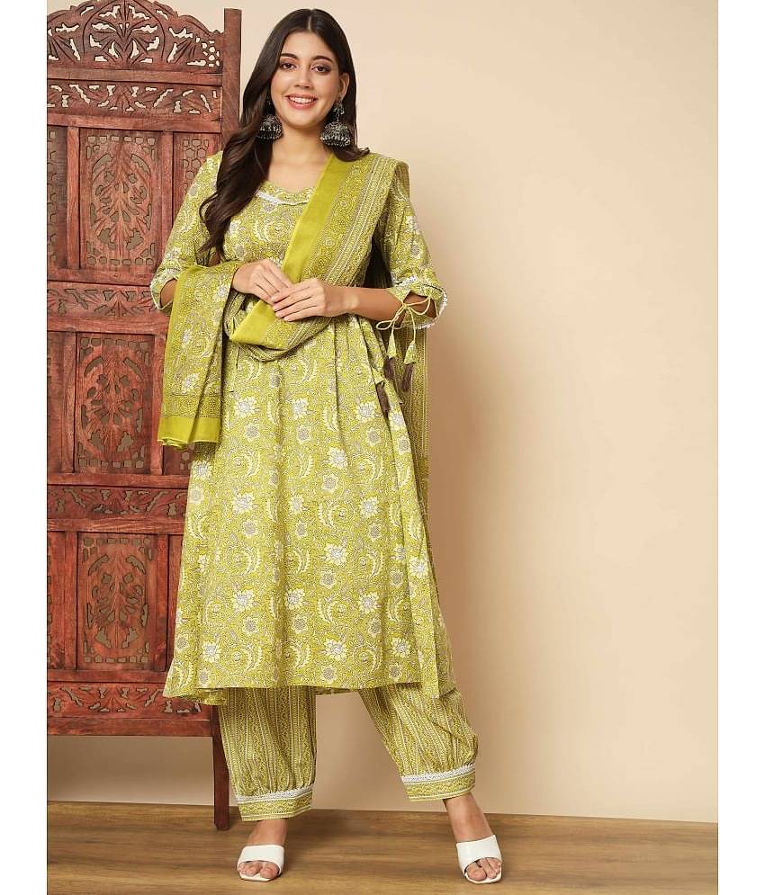 Vbuyz Cotton Printed Kurti With Pants Women's Stitched Salwar Suit - Green ( Pack of 1 )