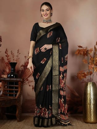 Indian Shringar Black Soft Silk Elephant Print Saree with Zari Border