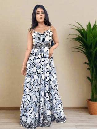 White Floral Printed Boho Maxi Dress-S