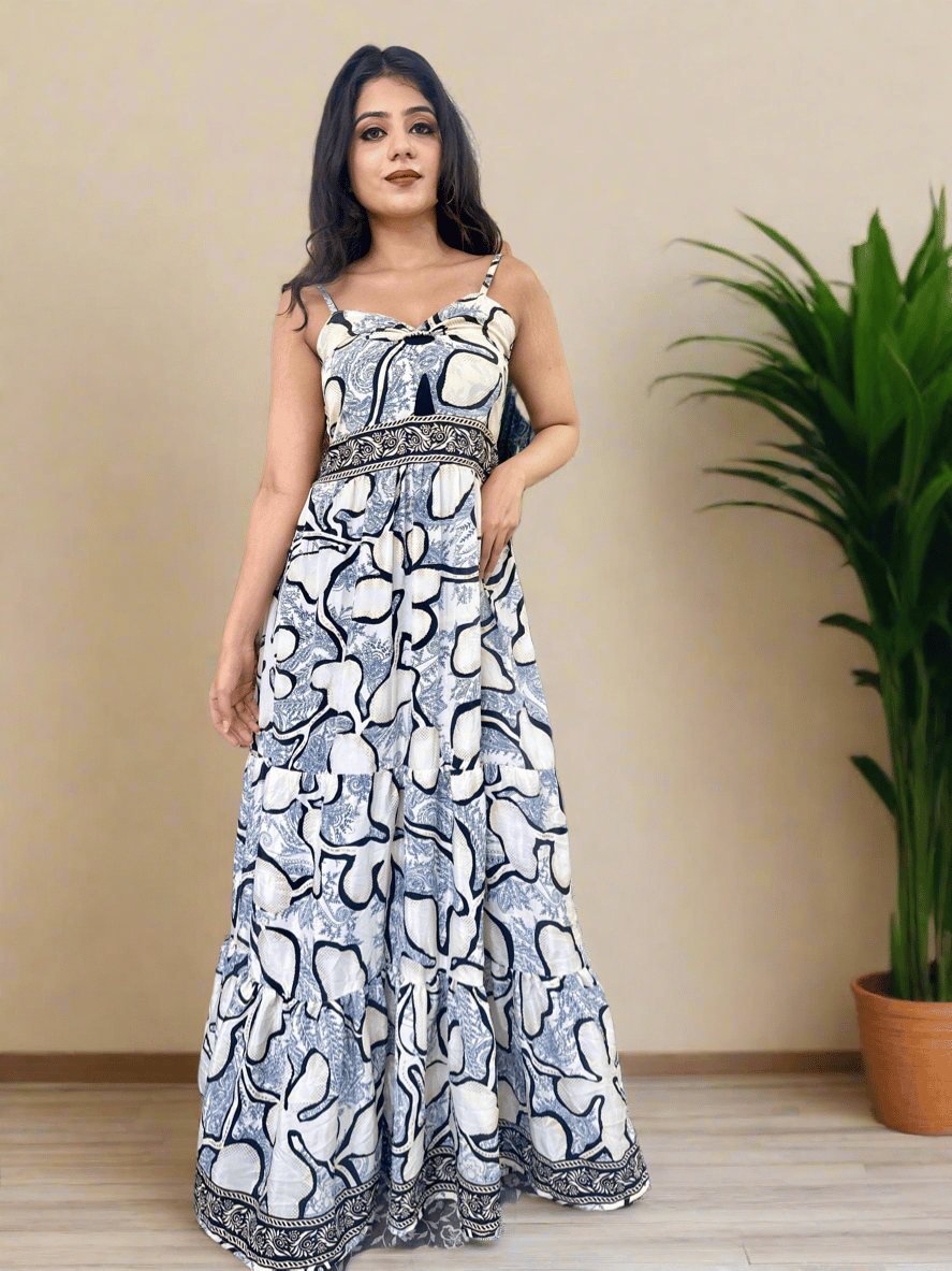 White Floral Printed Boho Maxi Dress-S