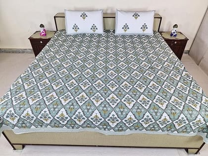 Bedsheet with Pillow Covers Floral Printed Cotton 210 cm x 226 cm, Grey and White Color Best for Single Bed and Deewan.