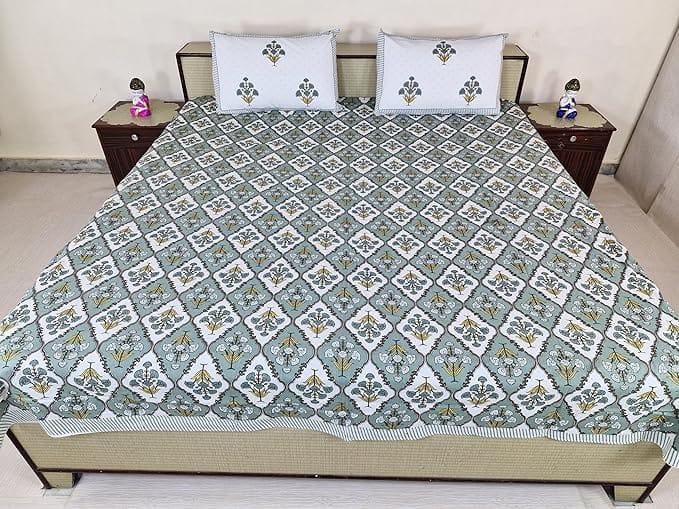Bedsheet with Pillow Covers Floral Printed Cotton 210 cm x 226 cm, Grey and White Color Best for Single Bed and Deewan.