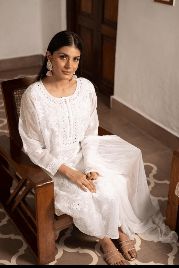 Kota check Chikankari kurta set with Mukesh work