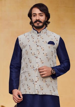 Elegant While and Navy Blue Nehru Jacket-S