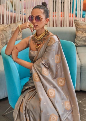 Crystal Grey Bronze Zari Woven Satin Silk Saree