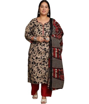 wonder weave Women Cotton Blend Printed Straight Kurti With Pants ( Beige )