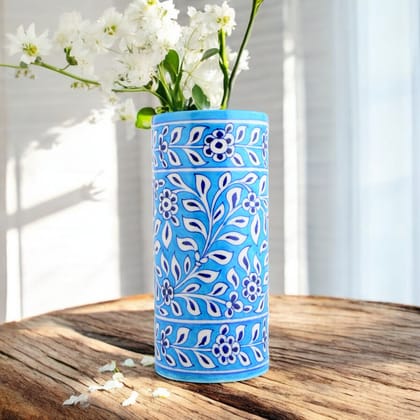 Blue Pottery Decorative Cylindrical VaseCyan