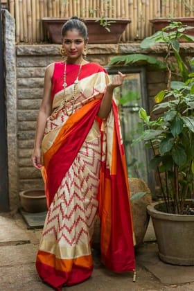 Cream and Red Color Party wear Linen Digital Printed Sari 1250