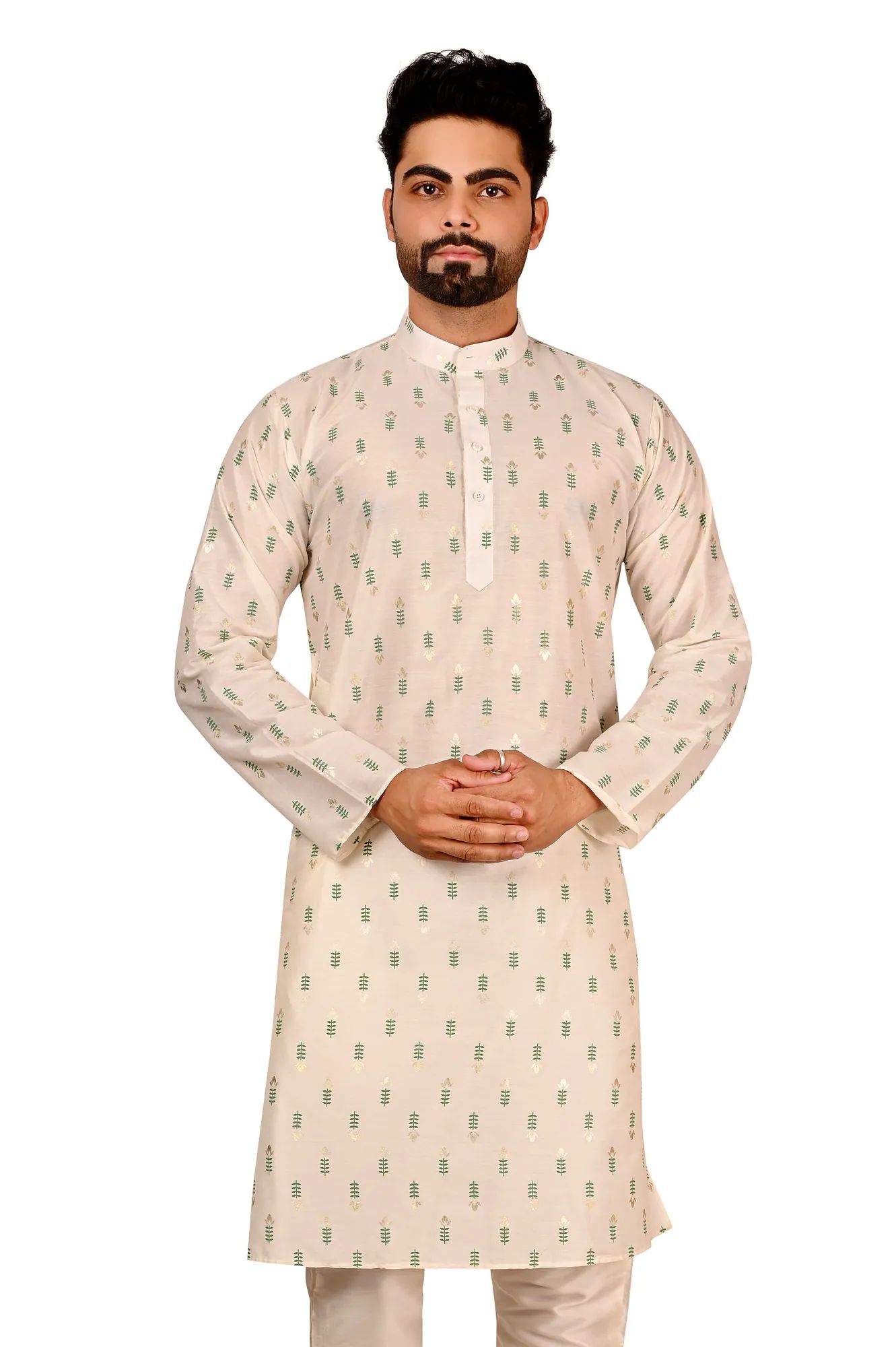 Men's Floral Silk Kurta Set (Color - White, Size - 36) by G P International