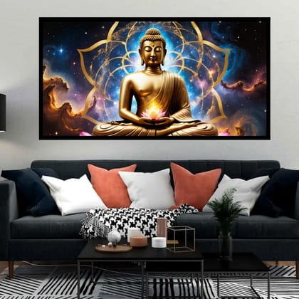 Luminary Radiant Lotus – Golden Buddha Museum-Quality Cotton Canvas Art for Living Room Décor | Frame Size (127 X 69 Cm) | Frame Type (Black) | 5-Year Warranty