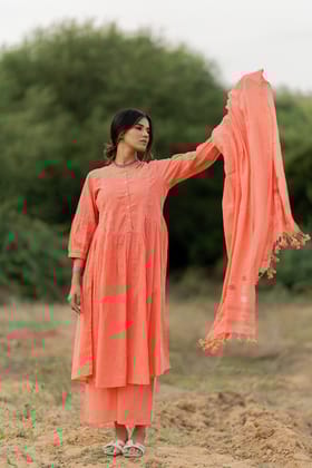Peach Rose Mulmul Kurta Set-S