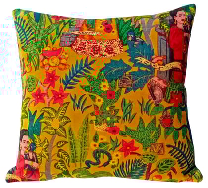 Frida Kahlo Velvet Cushion Cover-Mustard Yellow-12 x 12 inches / Plain Cotton Backing
