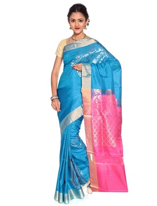 Sky Blue Kanchipuram Silk Saree with Leaf Twig Design + Pink Pallu