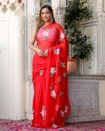 Crimson Red Georgette Saree with Hand-Painted Pink Floral Motifs – Attached Blouse – 5.5 Meters-Regular