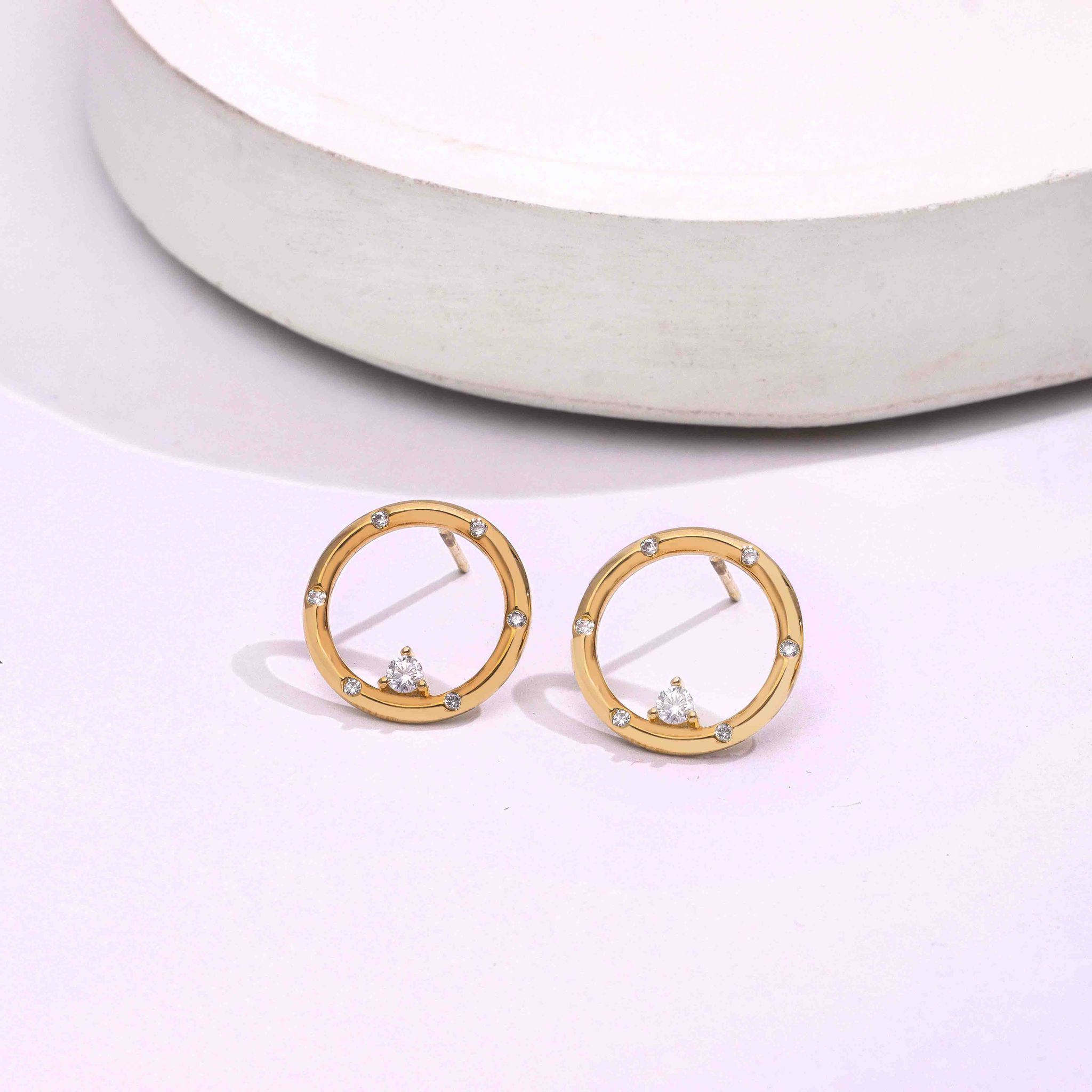 Sterling Silver Gold Zircon Studded Stud Earrings-None / Gold