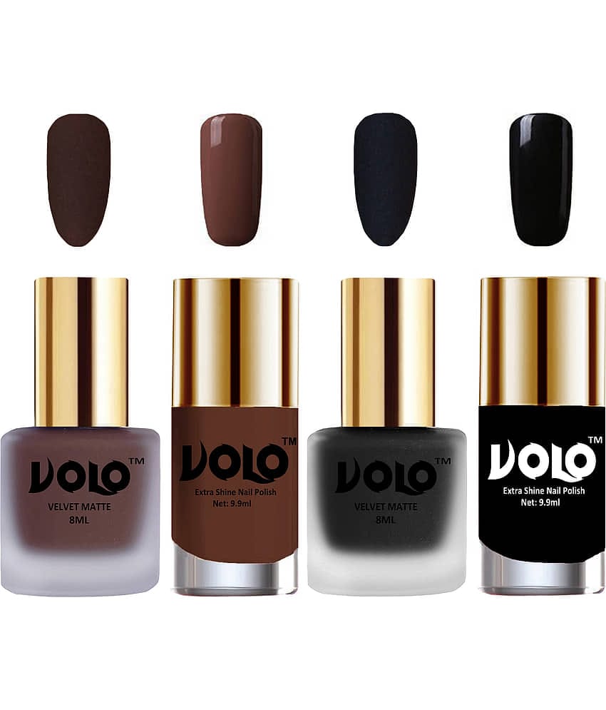 VOLO Extra Shine AND Dull Velvet Matte Nail Polish Brown,Black,Brown, Black Glossy Pack of 4 36 mL