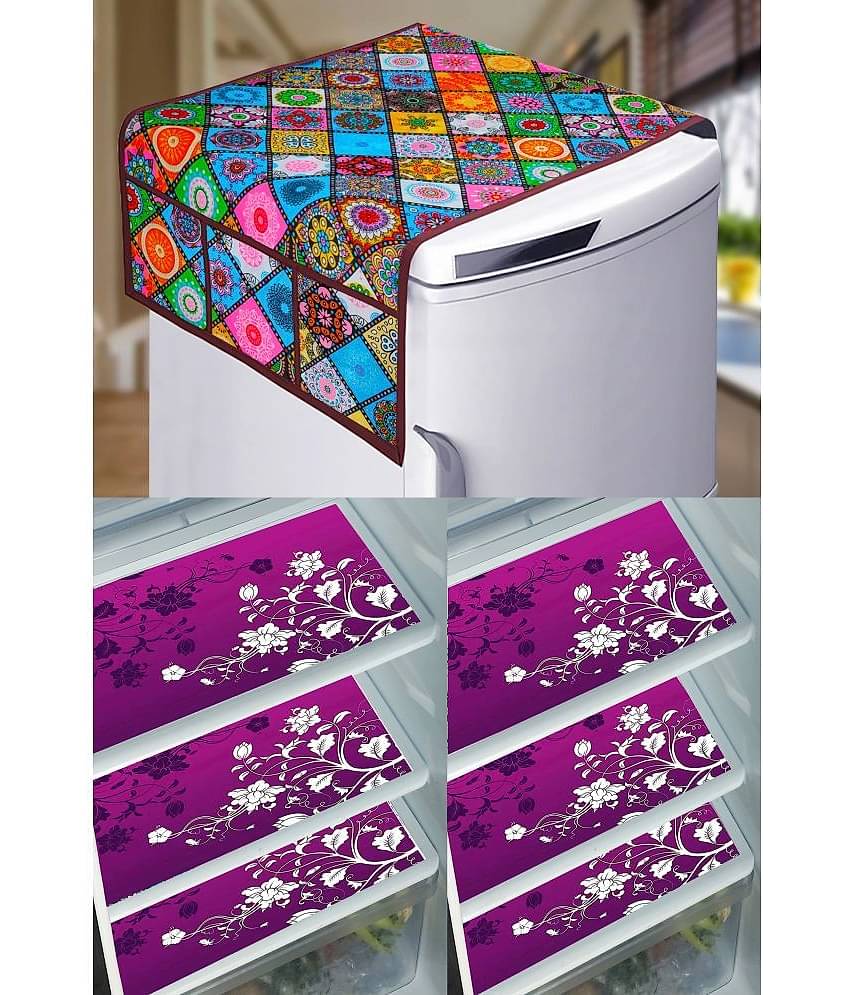 Crosmo PVC Floral Printed Fridge Mat & Cover ( 99 53 ) Pack of 7 - Multicolor