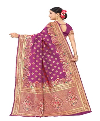 Women's Banarasi Silk Designer Weaving Saree with Unstitched Blouse (Purple, 5.50 Mtrs)