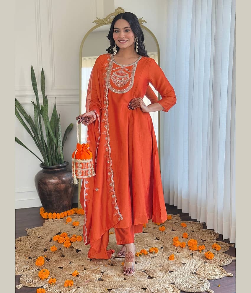 Eeloo Silk Embroidered Kurti With Pants Women's Stitched Salwar Suit - Orange ( Pack of 1 )
