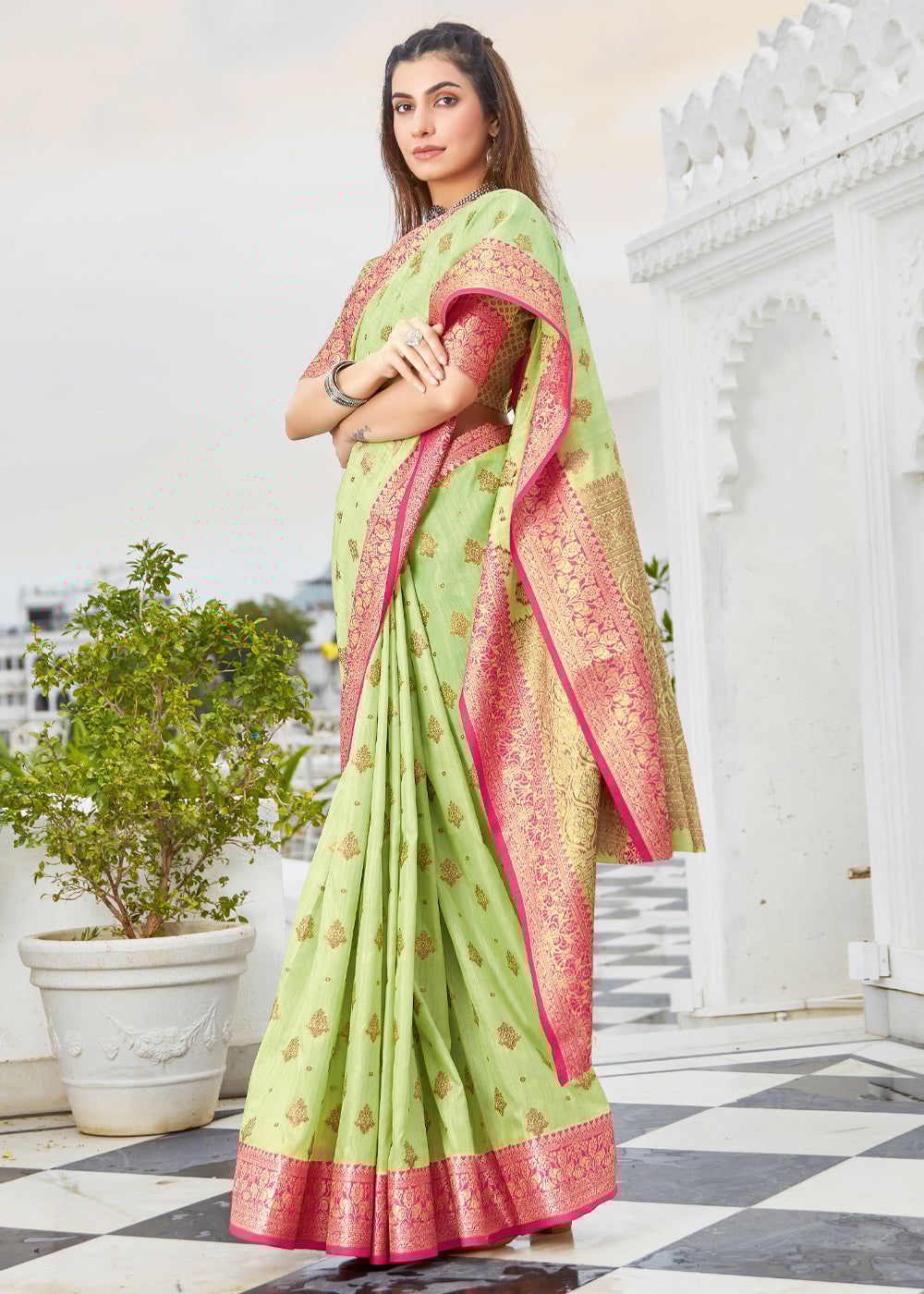 Pista Green Woven Banarasi Silk Saree