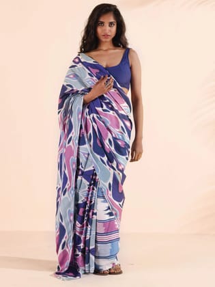 trueBrowns Blue Purple Muslin Ikat Saree - Blue (Free Size)