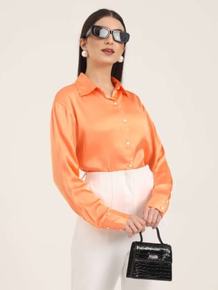 Crimson Orange Regular Fit Summer Satin Shirt-S
