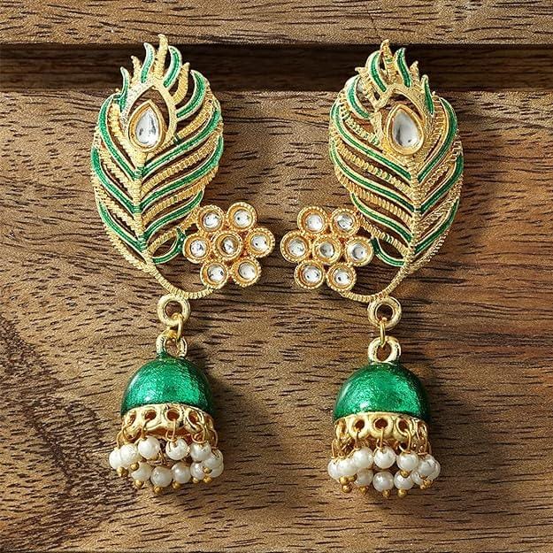 Gold-Plated Green Leaf Shaped Enamel and Kundan Jhumkas Earrings