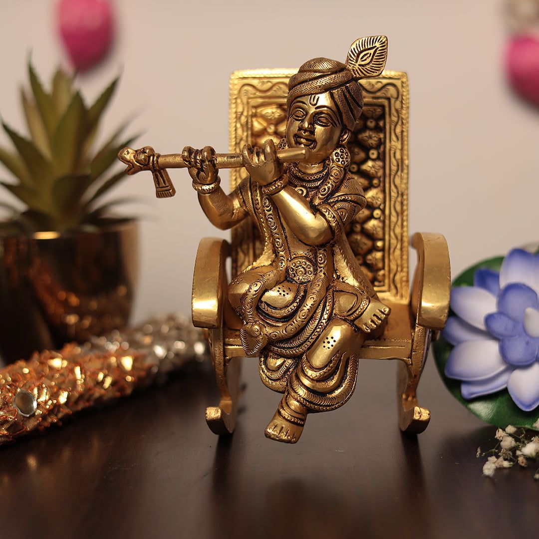 Brass Flute Krishna Sitting On Swinging Chair Idol In 6.5 Inch-Spirituality
