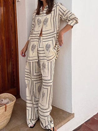 Abstract Print Full Sleeves Shirt & Pants Coord Set-S / OFF WHITE