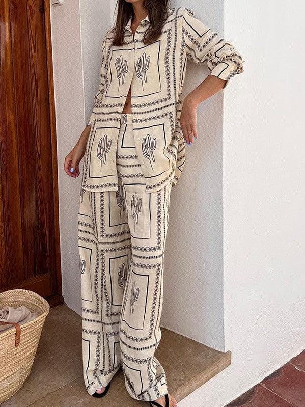 Abstract Print Full Sleeves Shirt & Pants Coord Set-S / OFF WHITE