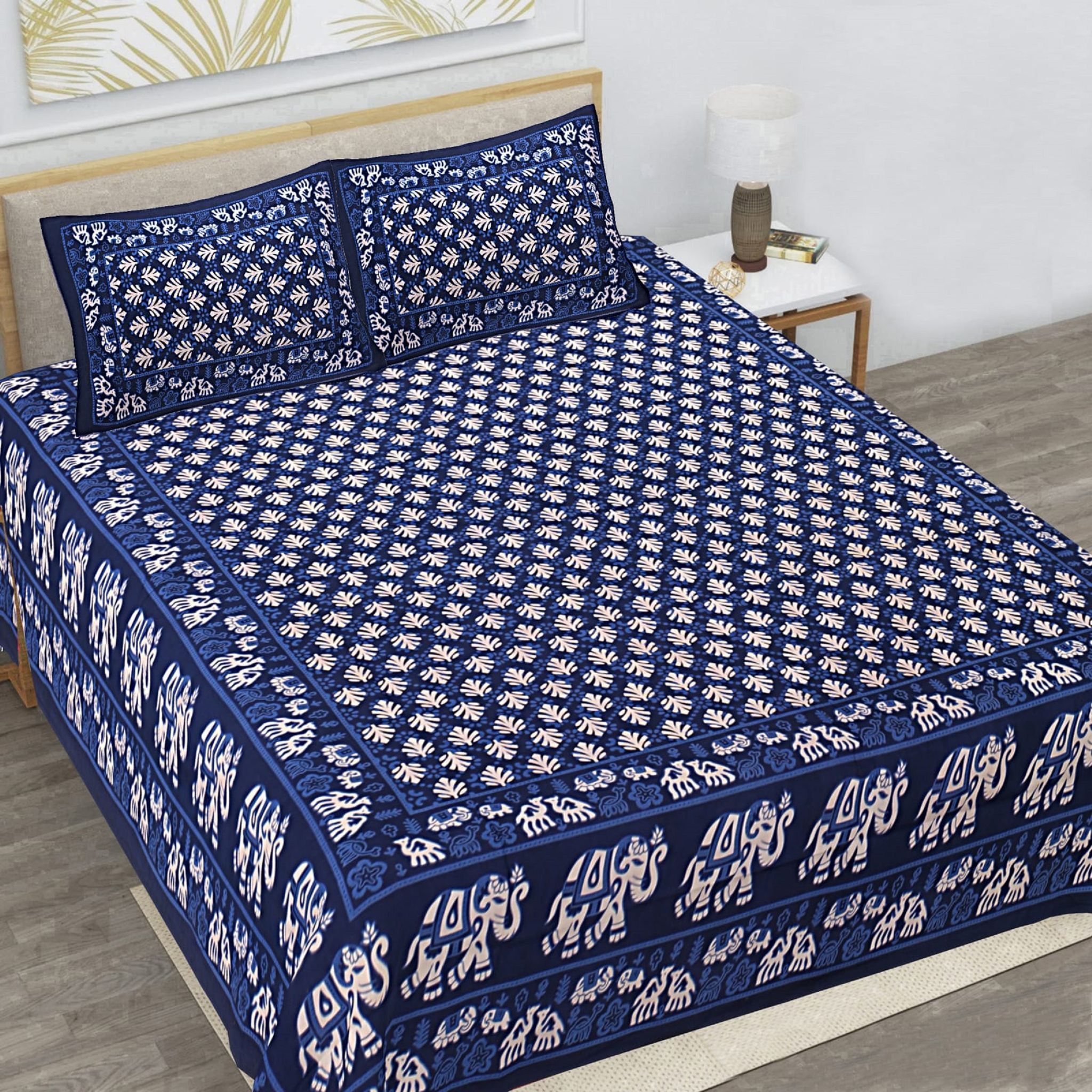 3001-Hometrade India-Standard King Size (90*108 Inches)-Pure Cotton Jaipuri Double Bedsheet With Matching Pillow Cover