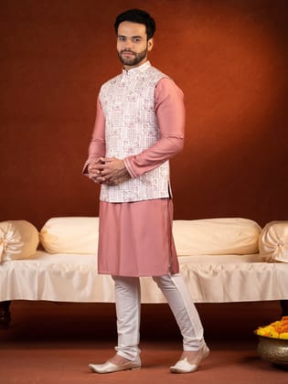 Cream with onion colour resham Embroidered Jacket & Kurta Set-S/38 / Churidaar Set