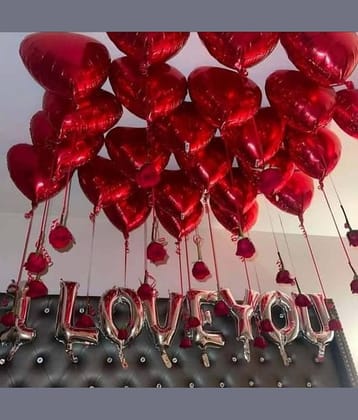 PartyBooms I Love You Silver Foil Decoration, 20 Red Foil Heart Balloon Pack of 21