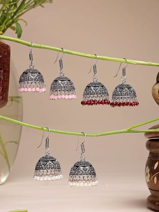 NVR Women Pair of 3 Oxidized Silver Plated Multicolor Artificial Beads Jhumka Earrings-One Size / Multi / German Silver