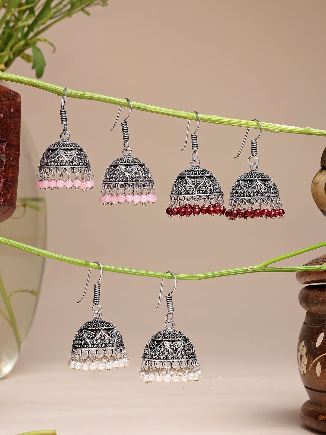 NVR Women Pair of 3 Oxidized Silver Plated Multicolor Artificial Beads Jhumka Earrings-One Size / Multi / German Silver