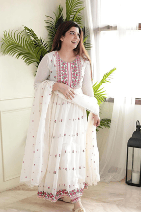 White Ryan Cotton Embroidery Work Suit for Women-M-38