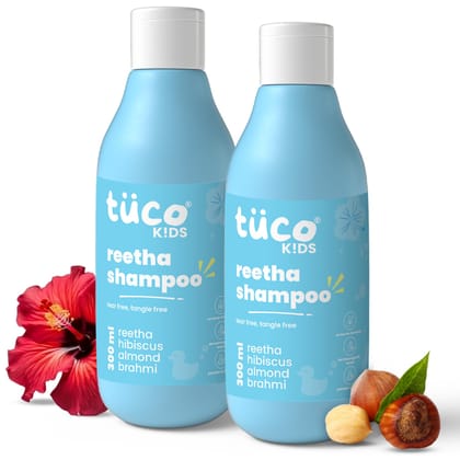 Tuco Kids Mild Shampoo With Soapnut, Almond, Henna, Pomegranate | Ages 2-5, 4-10, 10-15, 5-10 Years | Paraben, SLS & Sulphate Free | pH 5.5, Vegan & Tear Free | 300 ml (Pack of 2) | Tuco Kids Mild Shampoo With Soapnut, Almond, Henna, Pomegranate | Ages 2