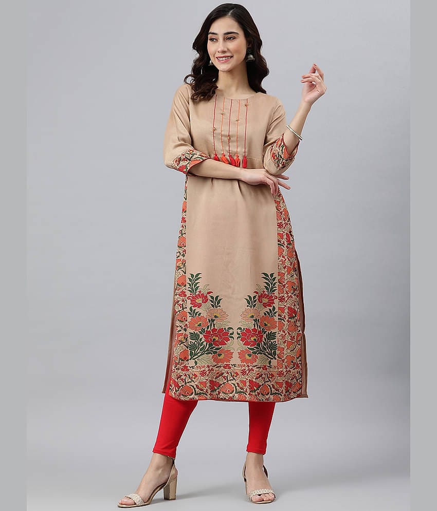 Janasya Silk Blend Printed Straight Women's Kurti - Beige ( Pack of 1 )