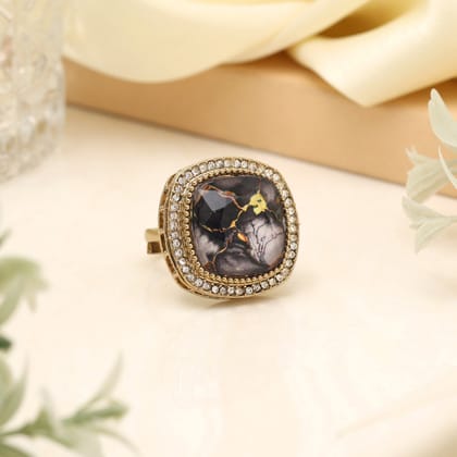Bold Black Color Kundan Ring For Women-Ring_Size_Adjustable | Diameter Length: 2.50 CM x Width: 2.50 CM / Black / Alloy With Good Quality Mehndi Gold Plated
