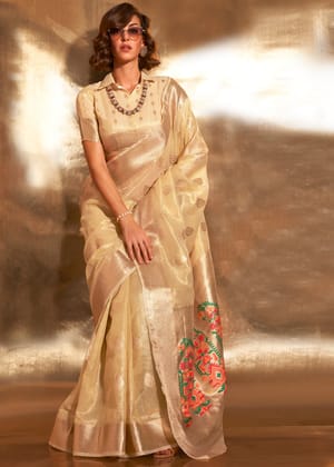 Ivory Beige Woven Banarasi Tissue Silk Saree