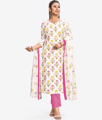 SIMMU Women Cotton Printed Straight Kurti With Pants ( White )