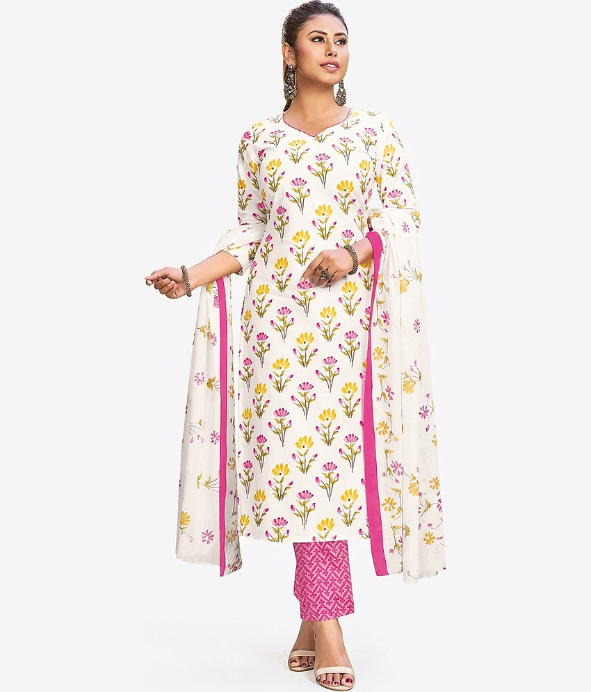 SIMMU Women Cotton Printed Straight Kurti With Pants ( White )