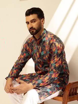 Men's Cotton Linen Abstract Print Multicolor Kurta With White Pyjama-36