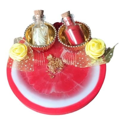 ART2ARTIST Handmade Tilak Platter | Pooja Tilak Thali | Roli Chawal Plate for Wedding Gift, Rakhsha Bhandhan, Bhai Dooj Decorative Platter Set for Laxmi/Ganesh Pooja (Red) 4 Inch